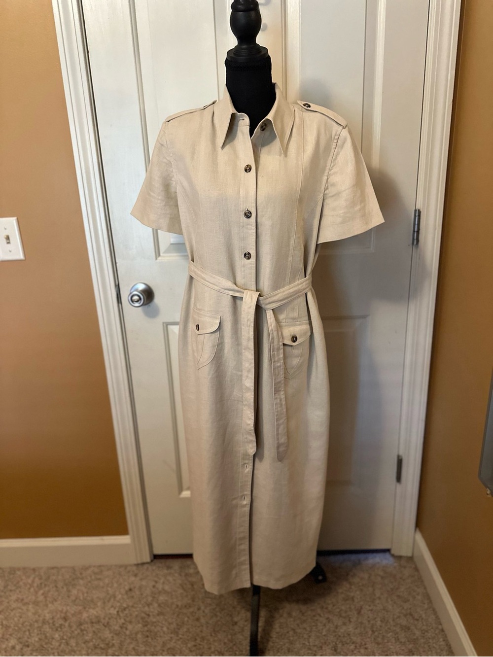 Belted Short-Sleeve Midi Shirt Dress in Cream - Picture 3 of 15